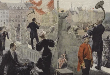 Trompetistas en el Techo del Museo Etnográfico en Copenhague en el Día de San Juan